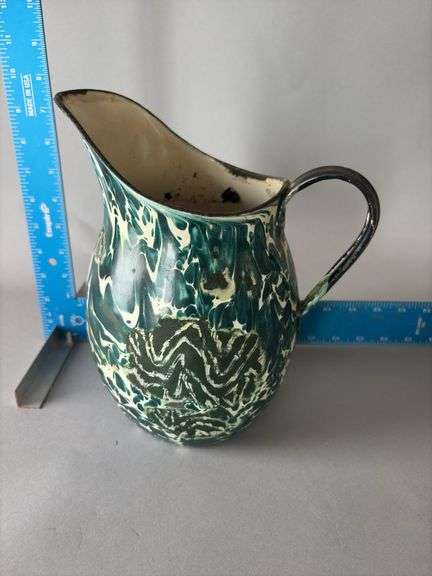 Green swirl enamel pitcher, 10” top of spout image