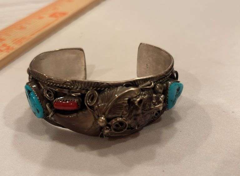 M Thomas Jr Sterling Turquoise, coral, bear claw cuff bracelet image