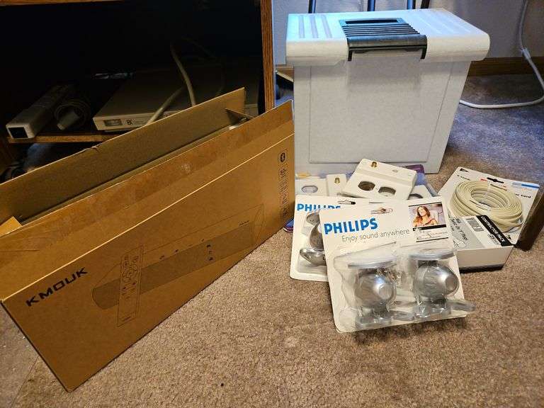 Kmouk Wireless Soundbar, Speaker Mounts, Outlet Covers, plastic Container, RCA Cord