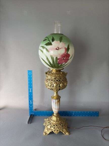Electrified 31” tall parlor lamp, painted shade, ornate brass font and base, marble stem image