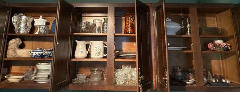 Misc china, Blue Willow C&S, pitchers, cups All in top cupboards image