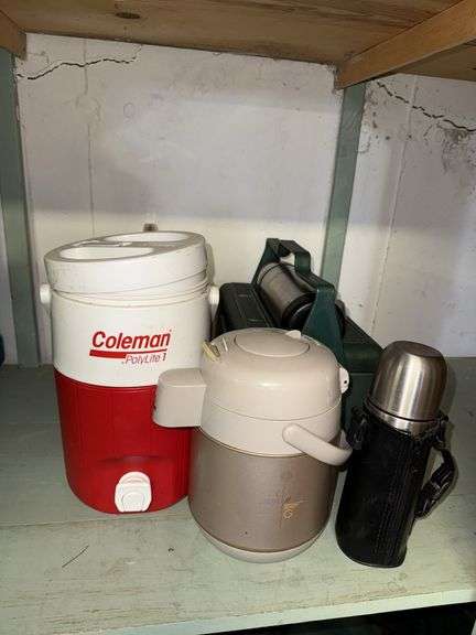 Stanley lunch box, thermos, Coleman water jug, cooler and air pot image