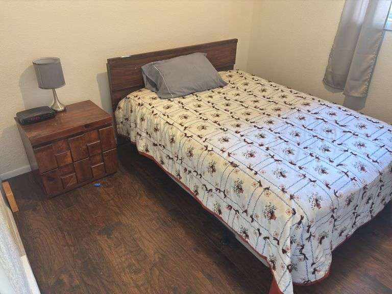 Full sized bed with like new, very soft mattress and nightstand with lamp and alarm clock image