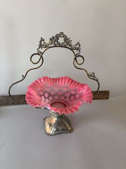 Ruffled edge cranberry opalescent brides basket with silverplate stand image
