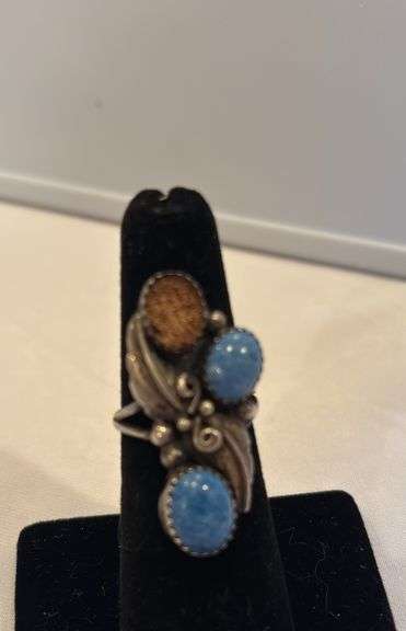 Native American Turquoise ring, unmarked, missing a stone, size approximately 6 image
