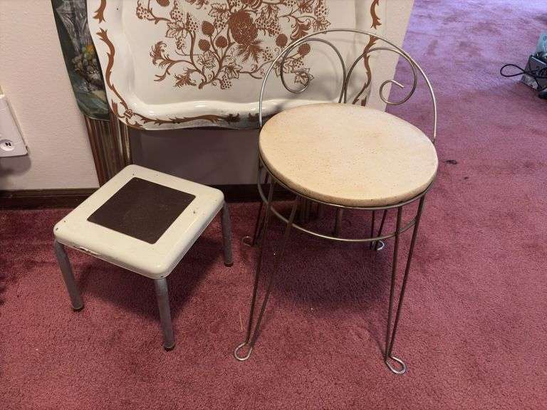 Four vintage tv trays (three match), vanity chair and step stool