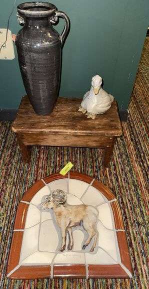 Small wood step stool, ceramic duck, one handled vase and bighorn sheep plaque image