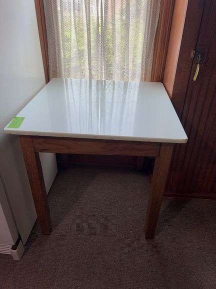 Milk glass top table on oak table base 30x30x30 image