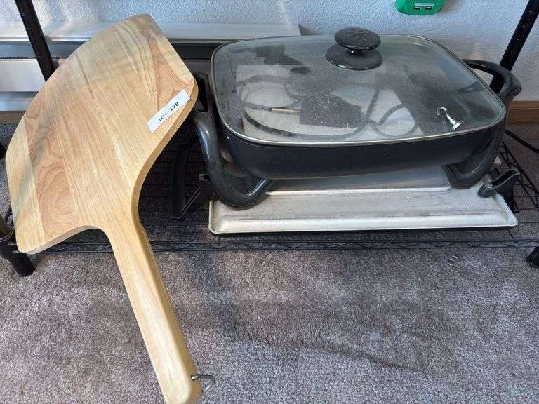 Electric Skillet, wood pizza board, rack 35x13x54 (only contents of bottom shelf of rack included) image