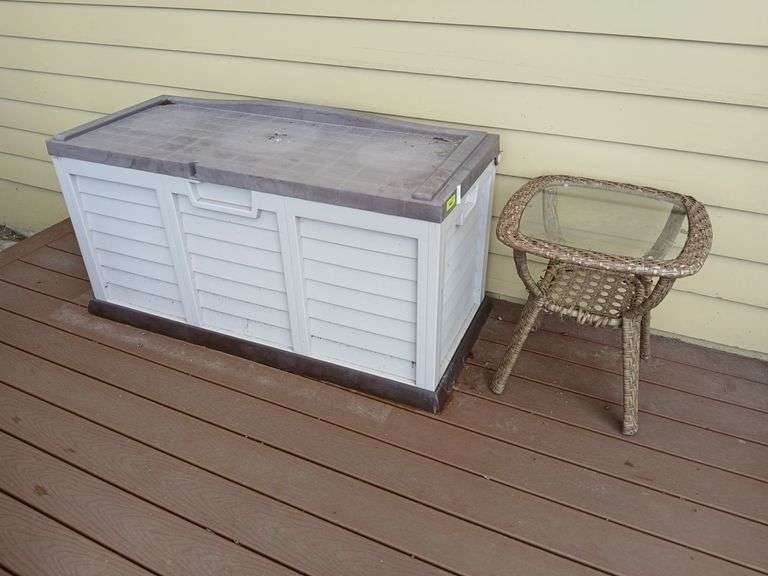 Plastic deck box 22 x 53 x 24 and glass top patio side table image