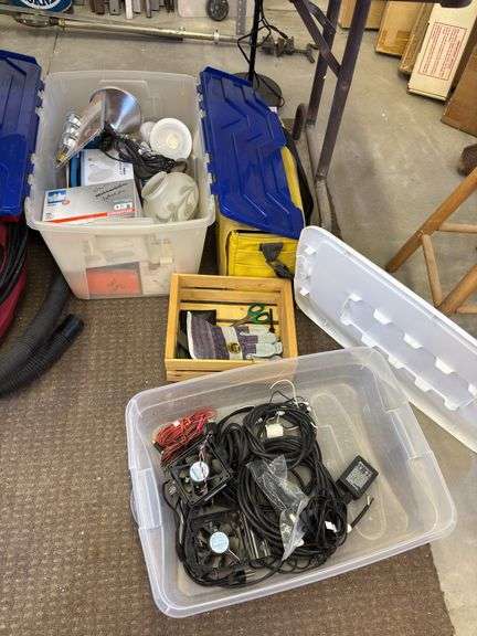 Light bulbs, gloves, yellow bag, electrical image