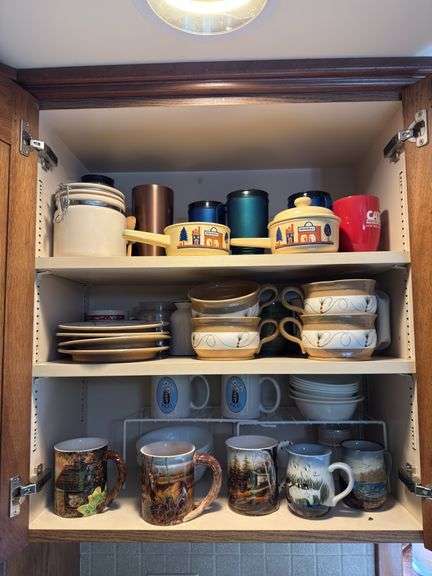 Terry Redlin coffee mugs, coffee cups and thermoses, Corelle bowls, Mill Creek Stoneware plates and handled bowls, etc "A" image