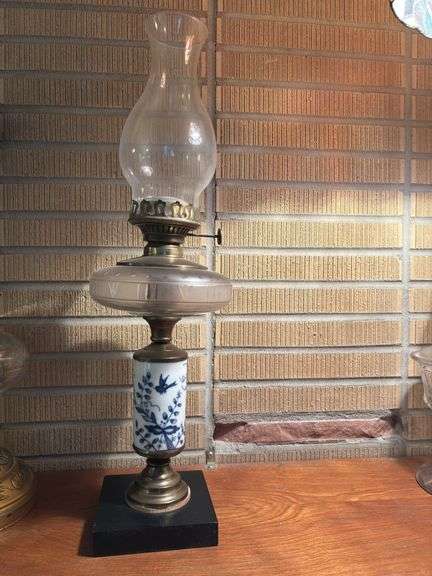 Vintage Wood and metal base white and blue design oil lamp 22” tall image