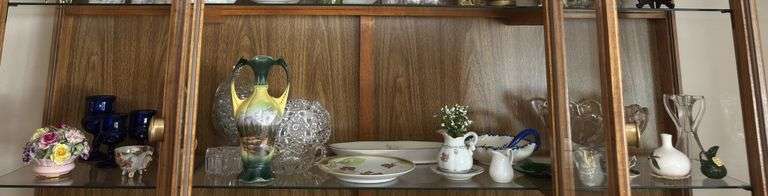 Bone china flowers, HP dishes, large serving bowl etc... All on MIDDLE shelf image