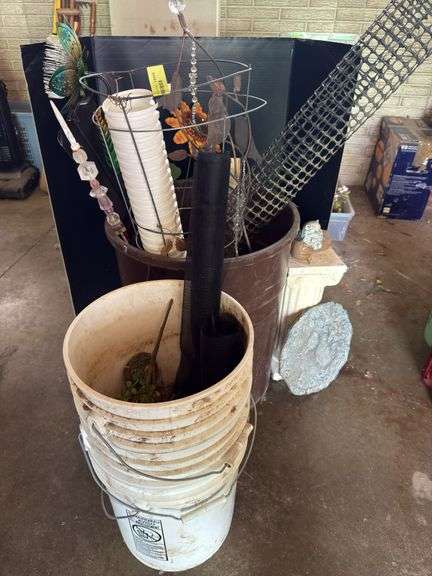 Yard decor, tomato cage, 5 gallon buckets, tree guards, trash can image