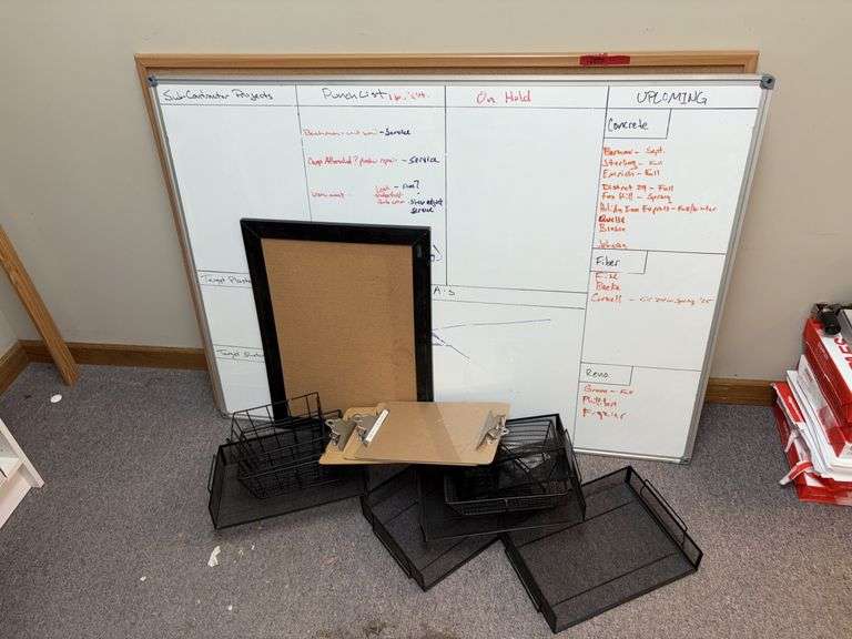 Desktop file holders, 48x35 corkboard, 48x35 whiteboard, 17x22 framed corkboard