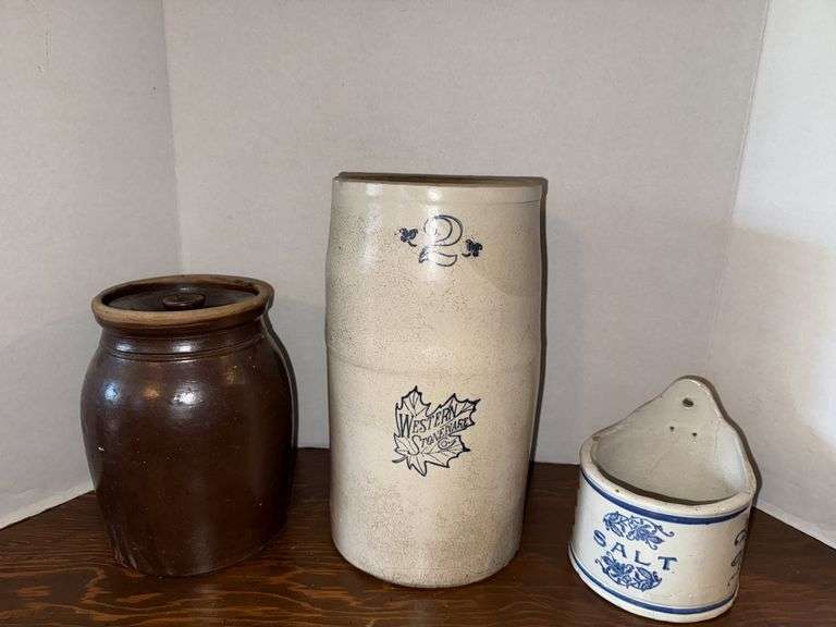 Stoneware Salt well, 2 gallon butter churn and large lidded jar image
