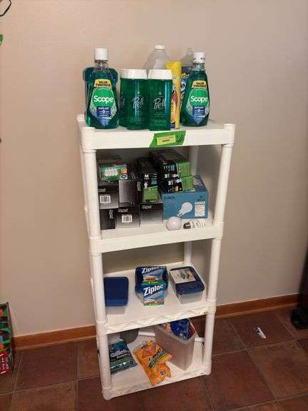 Plastic shelf and contents includes light bulbs, Prell shampoo, mouthwash, disposable razors, plastic storage containers, etc image