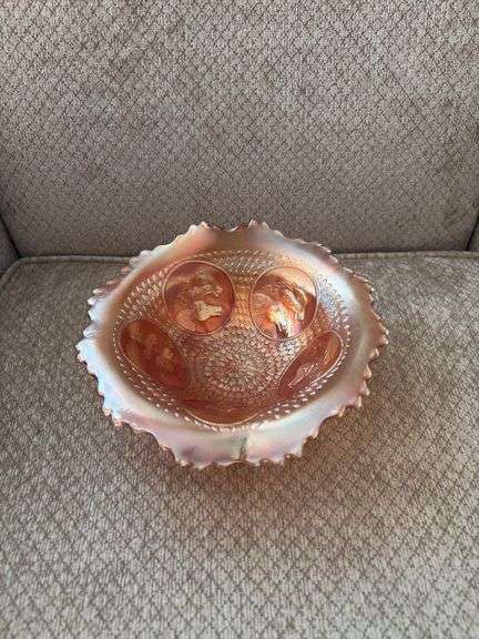 Marigold carnival glass Pharoahs Horses pattern three footed bowl