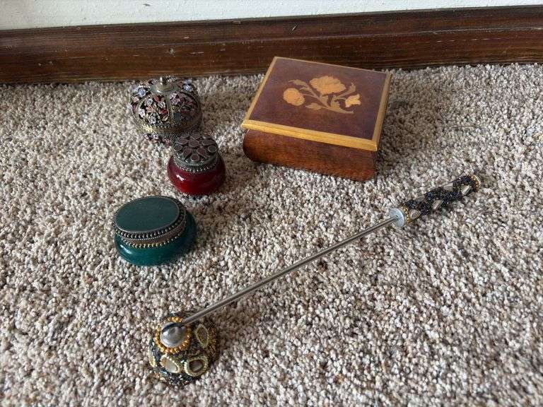 Decorated candle snuffer, trinket boxes image