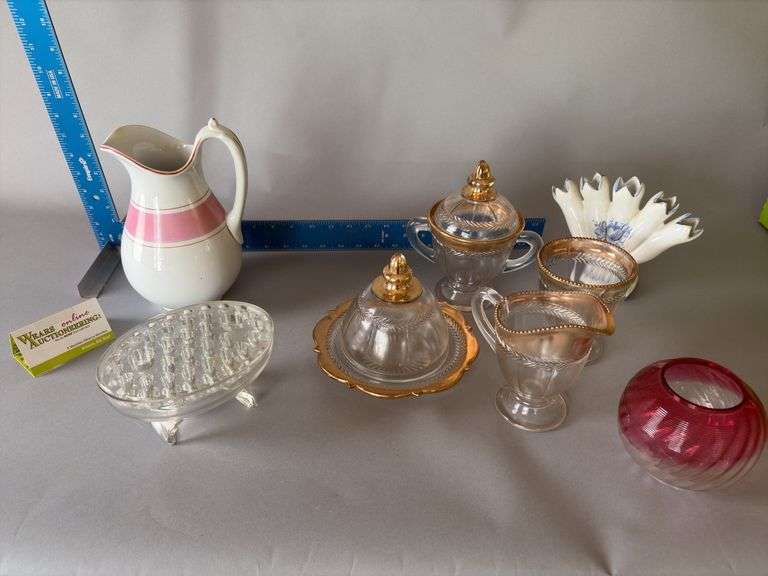 Large assortment glassware includes flower frog in base, gold edge cream, sugar, covered butter, etc image