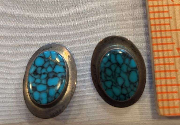 Sterling  Bisbee Turquoise pierced earrings marked Ben G Chavez image