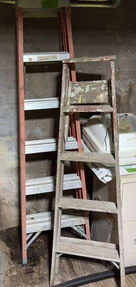 6’ fiberglass ladder and 5’ wooden painters ladder image