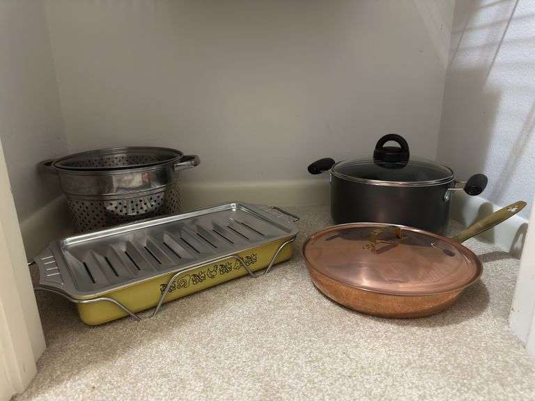 NEW Spartan copper ware skillet w/ lid, aluminum roasting pan w rack & rest, stockpot and steam basket