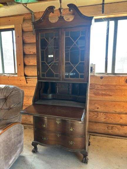 Lovely antique glass door, drop front secretary with three serpentine drawers - 29 x 16 by 80, no known key image