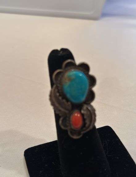 Native American Turquoise and Coral ring, unmarked, size approximately 5 image