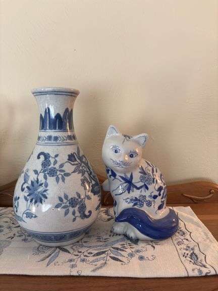 Blue Vase and Cat Figurine, blue linen cloth image