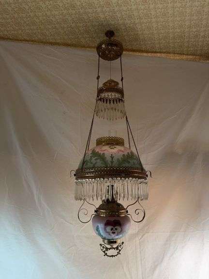 Hanging prism ring lamp, hand painted shade and matching font, ceiling reel, 4 matching rings, 58 clear prisms on shade ring, Original NOT electrified image