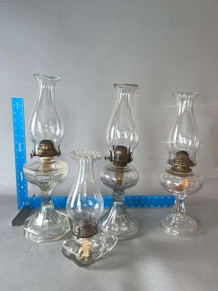 4 kerosene oil lamps-3 table top and 1 finger lamp image