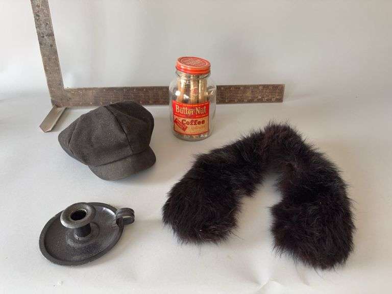 Hat, stole, candle holder, Butter Nut coffee glass jar with boy & girl cigars image