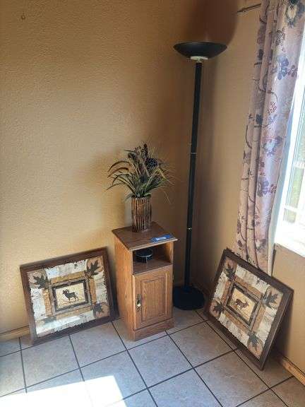 Two matching wildlife art prints, side table and floor lamp image