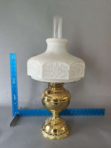 B & H #4 Radiant brass oil lamp w/ shade chimney, professionally polished and finished image