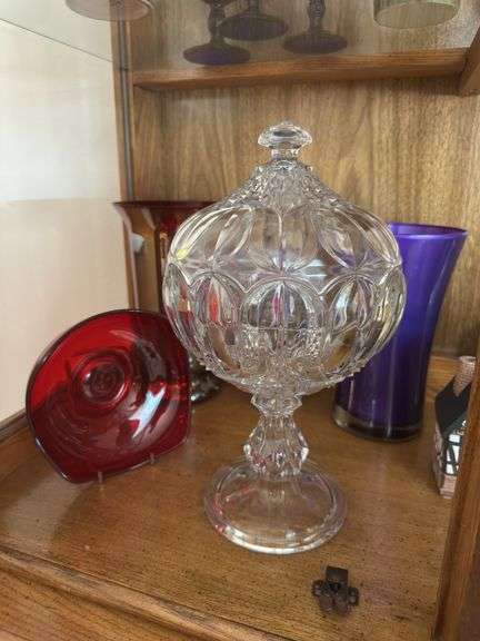 HP eyeglass holder, tea pot, large covered compote, red glass, etc All on BOTTOM shelf