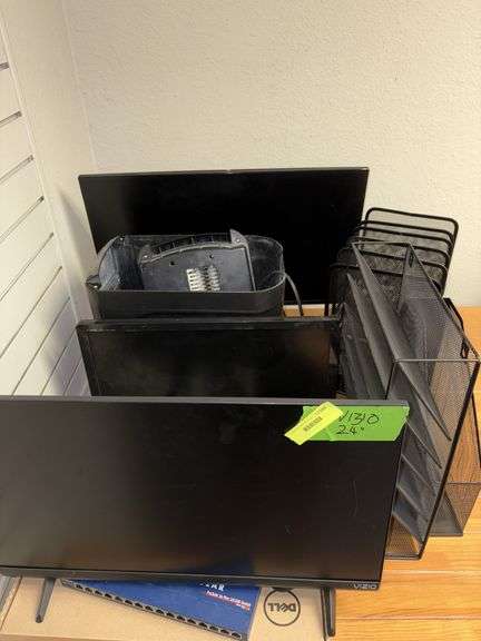 Desk top file holders, Vizio 24” TV, Dell keyboard, Canon adding machine, paper shredder, Dell monitor image