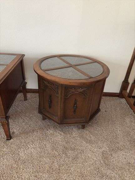 Three piece living room table set One side table is missing a glass pane