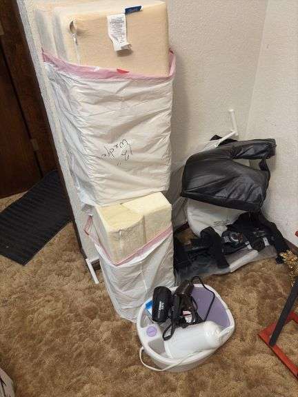 Medical items include wedge pillows, knee brace, foot bath, hair dryers, etc image