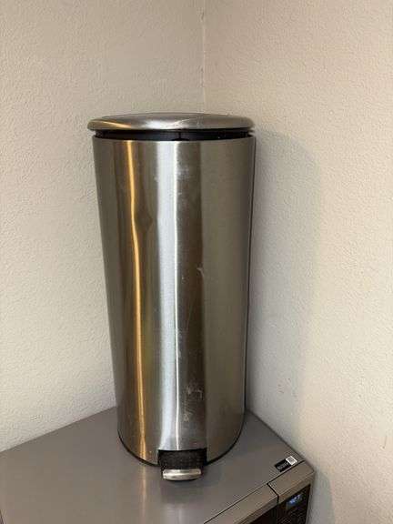 Samsung microwave, stainless steel trash can, rolling shelf unit, etc