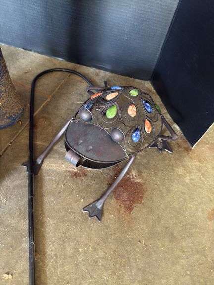 Small shepherd hook, wind chime, frog, small gazing balls, small bird bath and blue planter