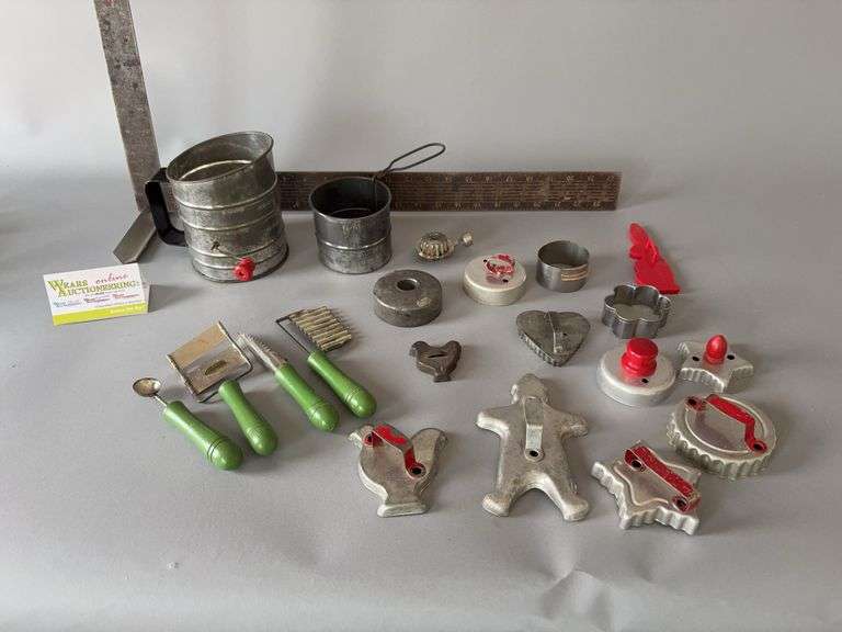 Vintage kitchen items includes cookie cutters, sifters, crinkle cutter image