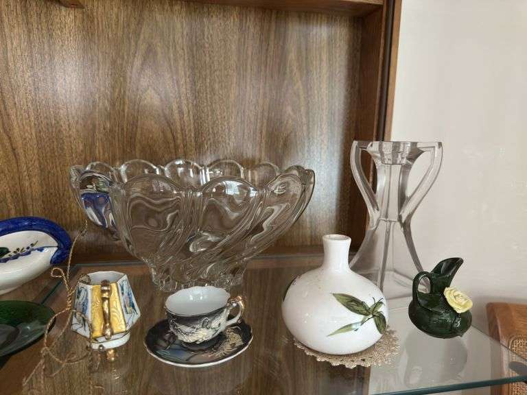 Bone china flowers, HP dishes, large serving bowl etc... All on MIDDLE shelf