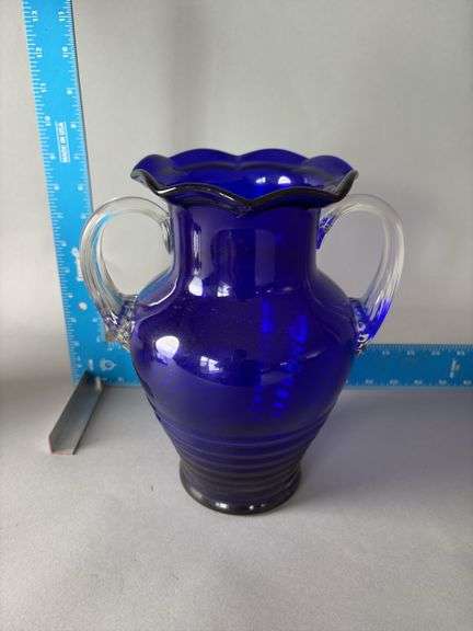 Blue vase with clear handles 10” image