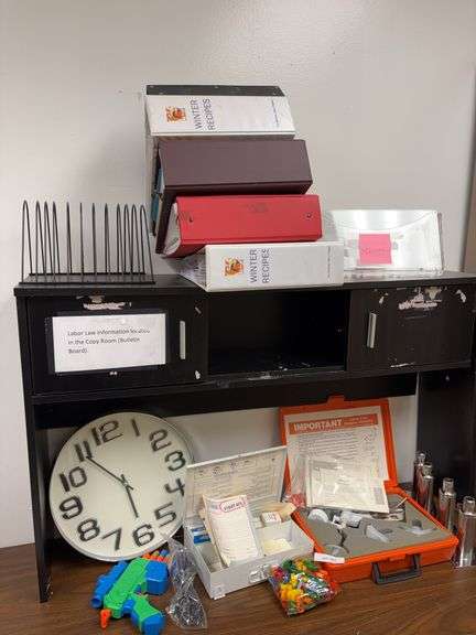 Clock, first aid kit, Throat-E-Vac, squirt gun, recipe binders, office supplies (bring box to pack) image
