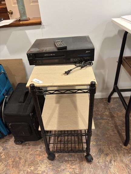 Small 2 shelf cart, Zenith VHS player with remote image