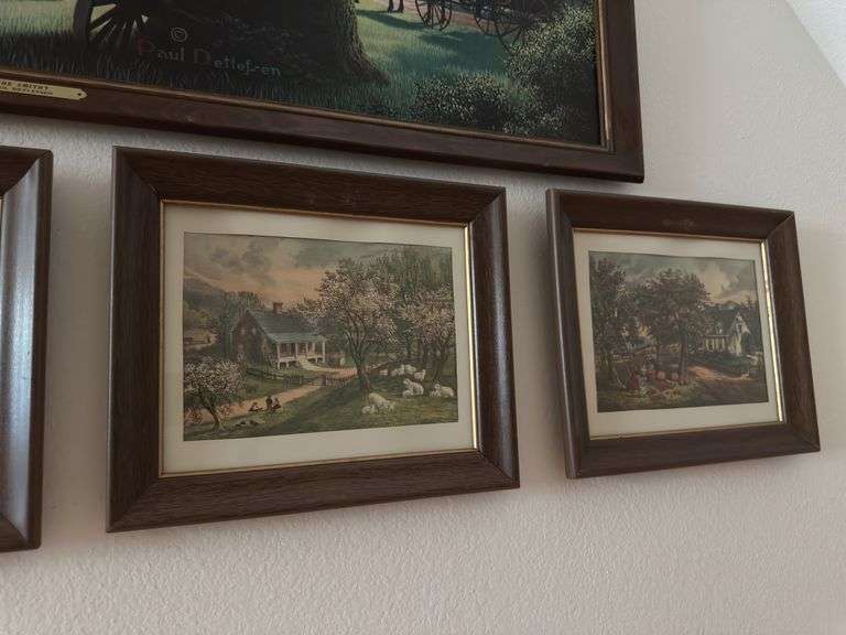Classic blacksmith print and 4 Currier & Ives seasonal prints