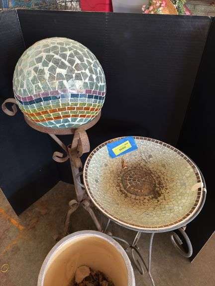 Bird bath, planter, gazing ball with stand
