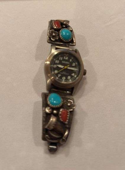 Sterling with Turquoise and Coral band, possible small bear claw, Green 165’ water resistant watch image